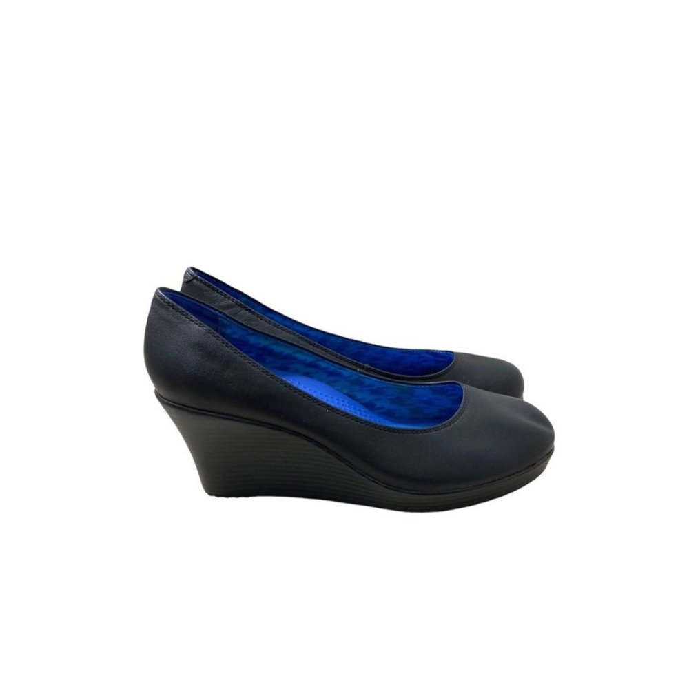 CROCS 14700 A-Leigh Black Leather Wedge Heel Shoes Women's Size 9